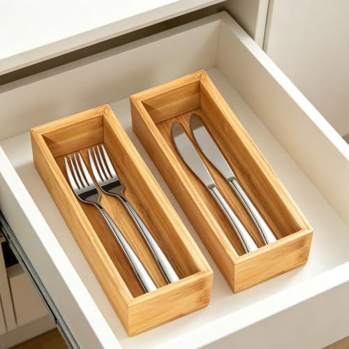 Bamboo Drawer Organizer Set of 2 for Kitchen Drawers, Small Stackable Drawer Organizer for Silverware, Utensils, Cutlery, Flatware, Junk Drawer, Dresser, Bathroom, 9" x 3" x 2" - Image 5