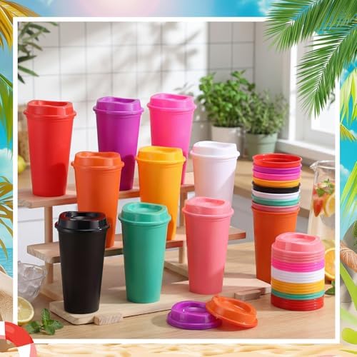 Honeydak 45 Pack 16 oz Reusable Coffee Cups with Lids Water Bottle Iced Coffee Travel Mug Portable Plastic Tea Tumblers Bulk for Hot and Cold Drinks Birthdays Party (Dark Color,Classic) - Image 2