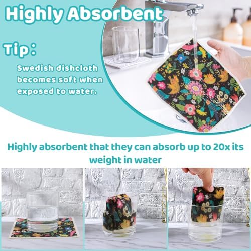 6 Pack Swedish Dishcloths for Kitchen, Absorbent Retro Bird Dish Cloths - Image 4
