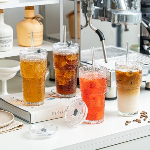 SoulTimes 20oz Begonia Flower Glass Tumbler with Bamboo Lid and Straw–Iced Coffee Glasses Cups for Smoothie, Matcha, Juice, Water etc. Leakproof and Reusable Glassware Drinking for Travel To Go [4Pcs] - Image 2