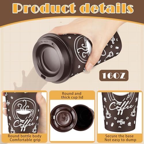 12 Sets Reusable Coffee Cups with Lids, 16oz, Brown - Image 3