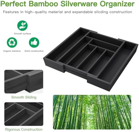 Pipishell Bamboo Expandable Drawer Organizer for Utensils Holder, Adjustable Cutlery Tray, Wood Drawer Dividers Organizer for Silverware, Flatware, Knives in Kitchen, Bedroom, Living Room (Black) - Image 3
