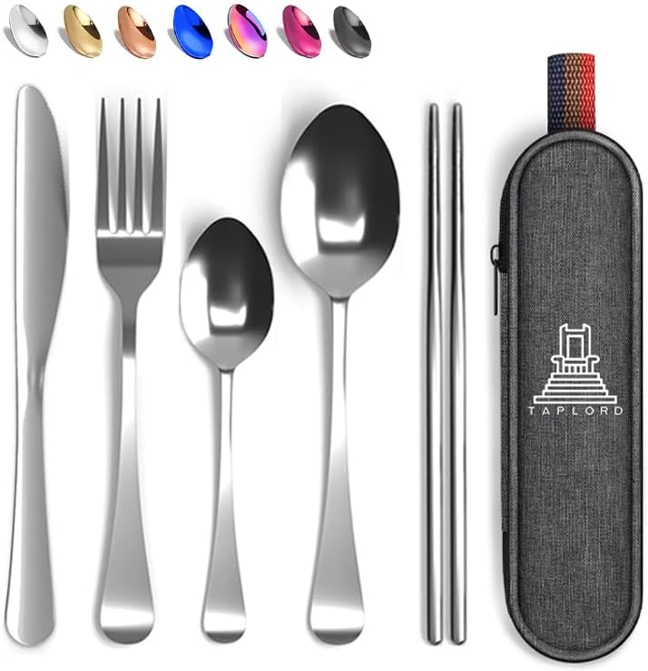 Taplord Portable Travel Silverware Set With Case, Includes 5 Pcs of Travel Utensils With Case, Stainless Steel Flatware Set For Camping, Easy to Travel, Lightweight (Silver), Medium, TL-05S by Taplord