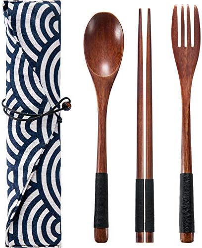 Tatuo 2 Sets Wooden Utensil Set, Portable Spoon Fork Chopsticks with Pouch - Image 6
