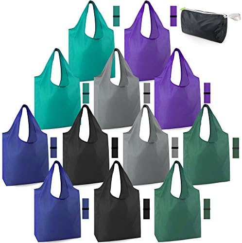 BeeGreen Reusable Bags for Shopping Machine Washable 12 Pack Xlarge Grocery bags Reusable Heavy Duty Folding with Elastic Band Colorful Tote Gift Bags Lightweight Durable Polyester by BeeGreen
