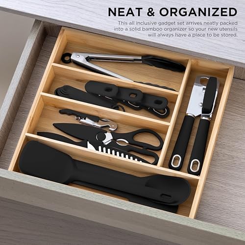 COOK WITH COLOR Bamboo Kitchen Utensil Set with Drawer Organizer | Cooking Tools and Storage Caddy, Black, 18 Piece Gadget Set - Image 3