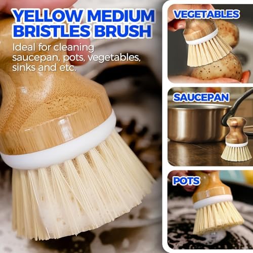 Holikme Bamboo Palm Brush Dish Brushes Round Vegetable Brush,Yellow - Image 2