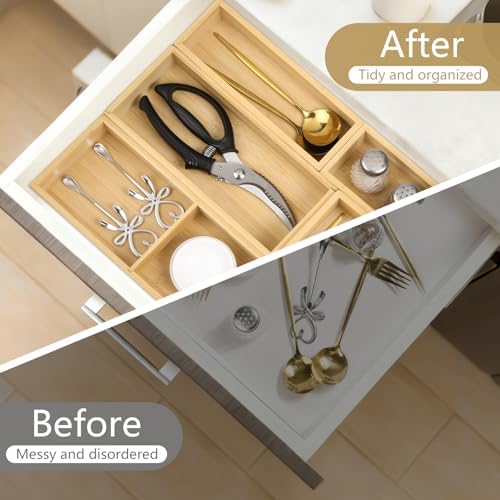 5 Pack Bamboo Drawer Organizer Set, Multi-Use Junk Drawer Organizer for Bathroom, Kitchen, Office, Jewelry, Makeup - Image 2