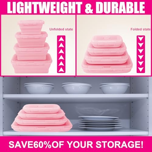4 Pack Collapsible Silicone Food Storage Containers with Lids, Pink - Image 4