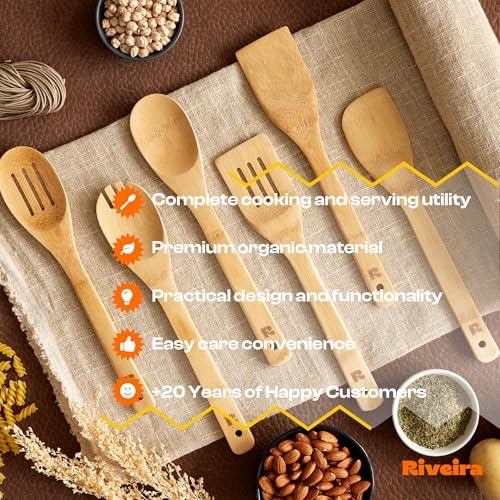 Riveira Bamboo Cooking Spoons 6-Piece – Wooden Cooking Utensils Set with Wooden Spoons for Cooking & Spatulas Wooden Utensil Sets – Premium Kitchen Utensils Set – Durable First Apartment Essentials - Image 6