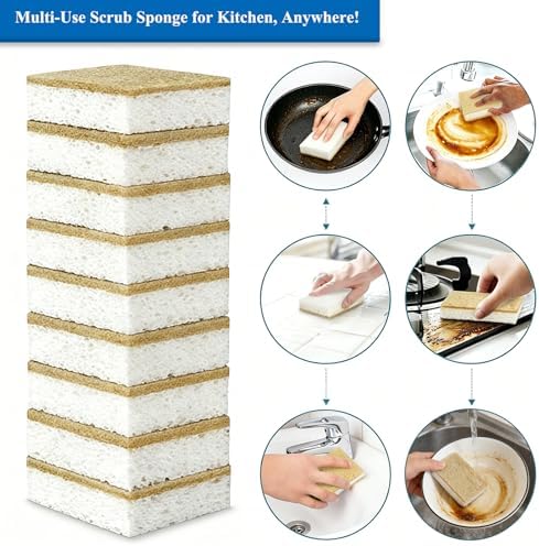 Natural Kitchen Sponges, 12 Pack Eco Biodegradable Compostable Coconut Fiber & Cellulose Heavy Duty Scrub Sponge for Dishes, Organic Non-Scratch Cleaning Sponges for Non Stick Cookware, Pots - Image 4