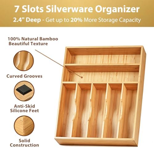 Umilife Kitchen Drawer Organizer, 12.5 Inch Silverware Utensil Tray Holder, Extra Deep, with Non-Slip Feet & Grooved Drawer Divider, 7 Slots Total Bamboo Wood Caddy for Flatware Cutlery Knives - Image 2