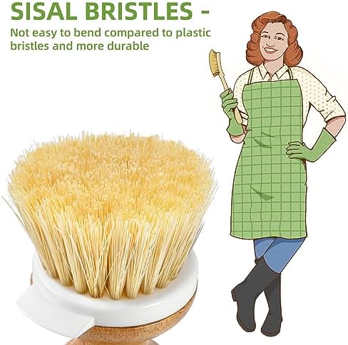 Bamboo Dish Brush,Sisal Brush with Scraper,2 Pack with Ceramic Holder - Image 3