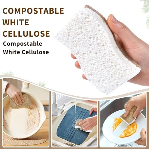 15 Pack Biodegradable Natural Kitchen Sponge - Compostable Cellulose and Coconut Walnut Scrubber Sponge - Eco Friendly Non Toxic Sustainable Sponges for Kitchen Dishes, Non Scratch Cleaning Sponge - Image 4