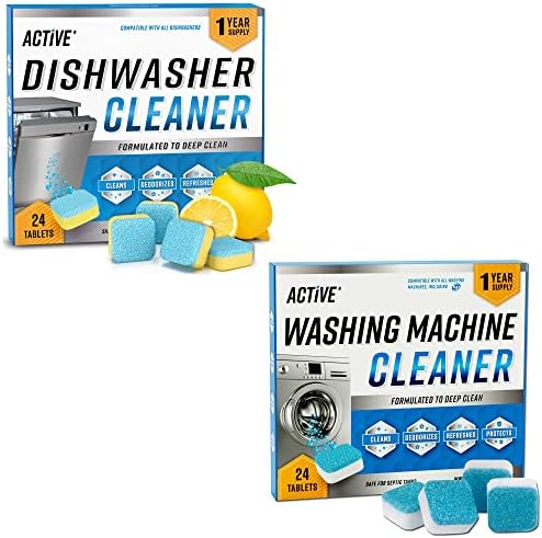ACTIVE Washing Machine And Dishwasher Cleaning Tablets Bundle - Includes 12 Month Supply Dishwasher Cleaner Deodorizer & Washing Machine Descaler Deep Cleaning Tablets - 48 Tablet Set by ACTIVE