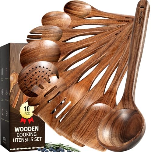 Kikcoin 10 PCS Durable Natural Teak Wooden Cooking Utensil Set, Non Toxic Wooden Spoons for Cooking, Wooden Utensil Set for Cooking with Comfort Grip, Nonstick & Easy to Clean Wood Kitchen Utensil Set by Kikcoin