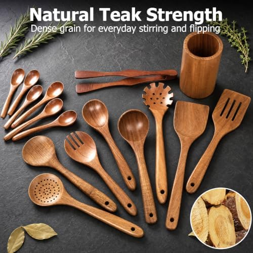 Wooden Spoons for Cooking, 16-Piece Wood Kitchen Utensil Set with Holder, Nonstick Safe Wooden Spatulas and Spoons, Smooth Cooking Utensils for Everyday Meals (A16) - Image 2