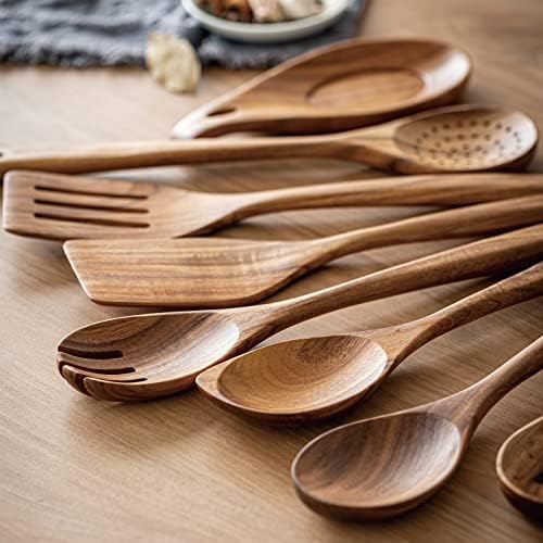 Gudamaye 13 inch Long Wooden Spoons for Cooking,Wooden Utensils for Cooking with Utensils Holder,9 PCES Wooden Kitchen Utensils Set with Utensils Holder and Spoon Rest,Natural Teak Wooden Spoons Set - Image 5