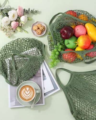 Eccliy 12Pcs Reusable Cotton Mesh Grocery Bag with Handle, Green, 4 in - Image 3