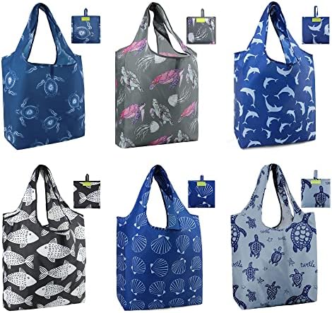 BeeGreen Animal Reusable Shopping Bags Cute Grocery Bag 6 Pack, Christmas Gift Bags Heavy-Duty Foldable Shopping Totes for Supermarket, Work & Travel, Large Washable Polyester Tote Bag with Handles by BeeGreen