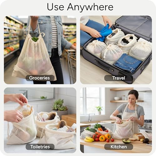 LEAFICO Reusable Produce Bags – 100% Cotton Mesh & Solid Hybrid (Medium 10x12 inch 3 Pcs) – Grocery Storage Bags for Fruit, Vegetables, Bulk Food – Washable, Plastic-Free, Breathable, Zero Waste - Image 5