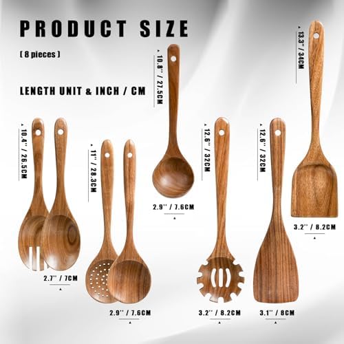 HSM Wooden Spoons for Cooking, 8-Piece Acacia Wood Kitchen Utensil Set - Image 2