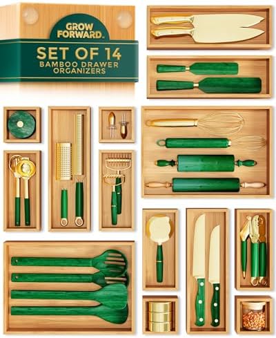 Grow Forward Bamboo Drawer Organizer Boxes - Set of 14 Wooden Drawer Organizers for Kitchen, Bathroom, Office, Desk, Vanity, Makeup - Non-Slip Junk Drawer Organizer Trays for Storage and Organization by GrowForward