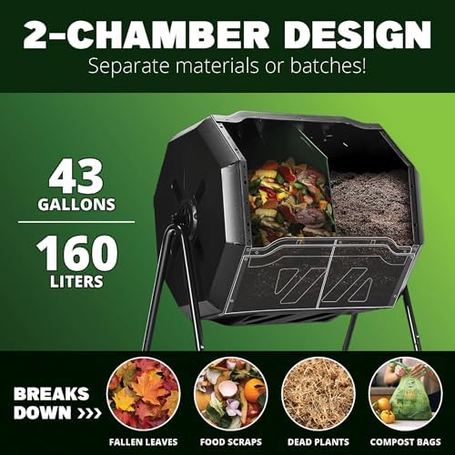 Simply Bio 43-Gallon Outdoor Compost Tumbler Bin – BPA-Free Rotating Compost Bin for Garden, Kitchen and Yard Waste, Outdoor Compost Bin Tumbler, Dual Chamber, Black, Weather-Resistant - Image 3