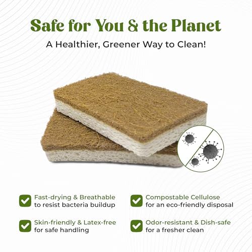 12 Pack Natural Kitchen Sponges - Biodegradable, Compostable, Sustainable Wood Cellulose & Coconut Fiber Sponge for Dishes, Quick Drying & Non Scratch Plant Based Eco Friendly Scrubber for Dishwashing - Image 4