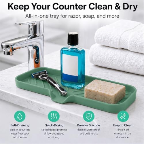 MicoYang Silicone Soap Dish with Drain Spout — Self-Draining Double Sink Organizer Tray for Kitchen & Bathroom, Dispensers, Sponges & Soap Holder, Non-Slip & Dishwasher Safe, Green (Large, 12"×4") - Image 6
