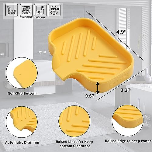 MicoYang Silicone Soap Dish with Drain Spout, Self-Draining Sink Organizer Tray for Bathroom and Kitchen, Sponges, Dispensers and Soap Holder, Non-Slip & Dishwasher Safe, Yellow (Compact, 4.9"×3.2") - Image 2