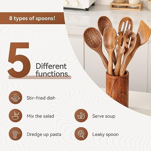 Kitchen 10PCS Teak Wooden Utensils Set With Holder and Spoon Rest - Image 6