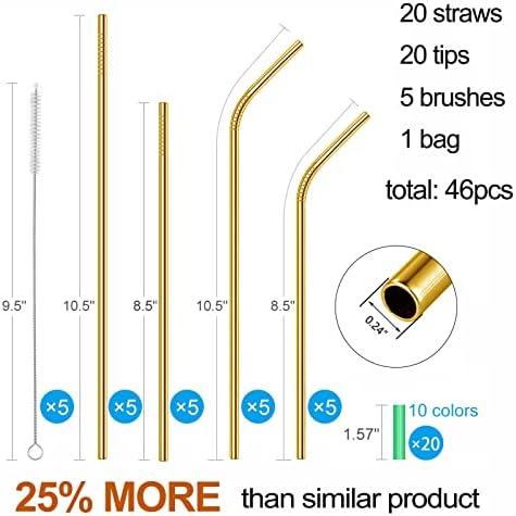 20 Pcs Gold Reusable Stainless Steel Straws,10.5" & 8.5" Reusable Drinking Straws with 20 Silicone Tips 5 Straw Brushes 1 Travel Case,Eco Friendly Extra Long Metal Straw for 20 24 30 oz Tumbler - Image 2