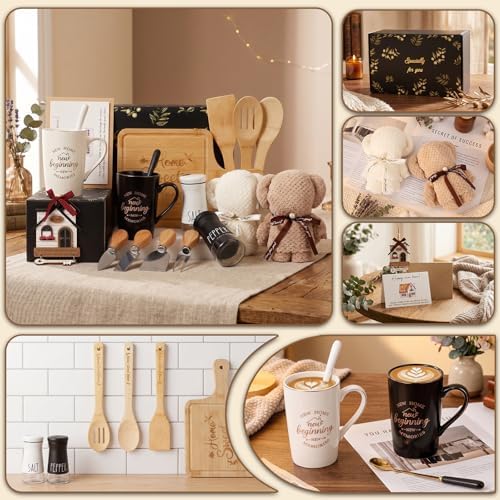 Housewarming Gifts for New Home, 18-Piece Gift Basket for Couples and Homeowners with Coffee Mugs, Bamboo Serving Board, Salt and Pepper Shakers, Towels, Utensils, Cheese Knives and Ornament - Image 6
