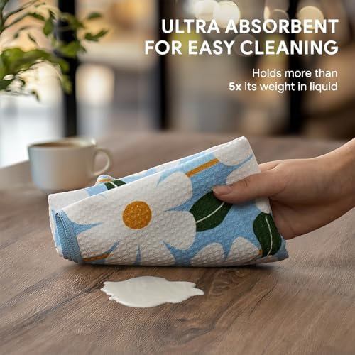 RECYCO Waffle Kitchen Towel Set of 2 - Quick Dry Microfiber Sustainable Dish Towels - Ultra Absorbent Reusable Cleaning Tea Towels - Lightweight Hand Towels,16”x 28”, Daisy Dreams - Image 4