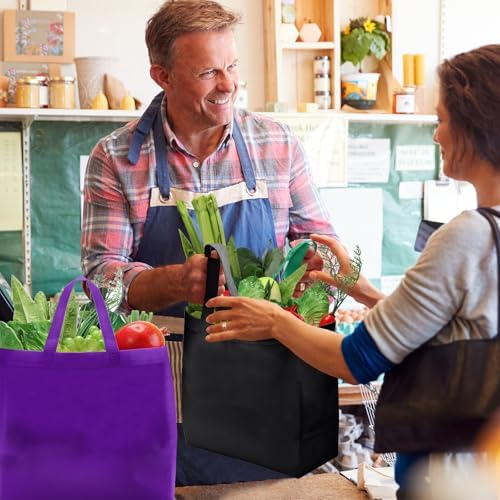 Reginary 50 Pcs Reusable Tote Bags Shopping Bags Non Woven, Black, Purple - Image 3
