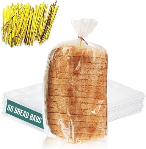 Reusable Plastic Bread Bags for Homemade Bread - 50 Pack Clear Bag with Ties For An Airtight Moisture-free Preservation and Storage - Loaf For Home Bakers and Bakery Owners by FUNSTITUTION