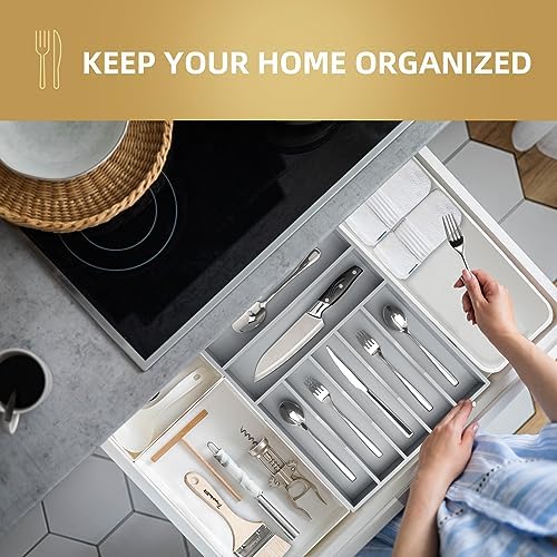 Bamboo Silverware Holder Drawer Utensil Organizer with 7 Slots Gray - Image 5