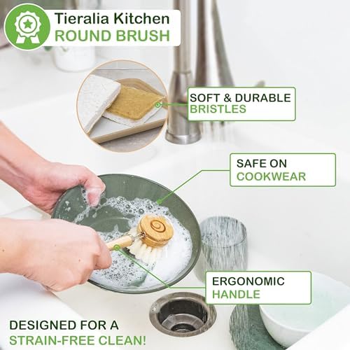 Tieralia Bamboo Dish Brush Gift Set – 5-Piece Kitchen Cleaning Set with Bottle Brush, Round Scrub Brush, Palm Brush & 2 Plant-Based Sponges | Wooden Handle Cleaning Tools for Dishes & Surfaces - Image 4