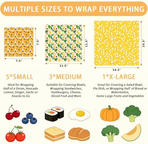 Reusable Beeswax Wraps, Bees Honeycomb Monkey Wraps, 9 Pack Eco-Friendly Food Storage, Organic, Sustainable, Zero Waste, Plastic-Free, for Sandwich, Fruit, Bowl, Bread, 1XL, 3M, 5S - Image 2