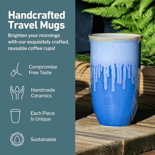 NOVA CERAMICS Ceramic Tumbler– Blue Ceramic Mug – Microwave & Dishwasher Safe Coffee White & Orange Tumbler - Leak-Proof Coffee Travel Mug – 16oz – Neptune - Image 2