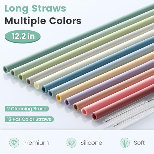 12-Pack Silicone Reusable Straws for Stanley 40 oz 30 oz Cup Tumbler, 12.2 inch Long Replacement Straws with 2 Cleaning Brushes - Image 2