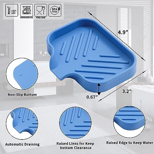 MicoYang Silicone Soap Dish with Drain Spout, Self-Draining Sink Organizer Tray for Bathroom & Kitchen, Sponges, Dispensers & Soap Holder, Non-Slip & Dishwasher Safe, Lichen Blue (Compact, 4.9"×3.2") - Image 2