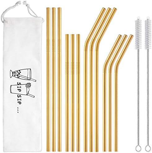 Hiware 12-Pack Gold Stainless Steel Straws Reusable with Case - Metal Drinking Straws for 30oz & 20oz Tumblers Dishwasher Safe, 2 Brushes Included by HIWARE