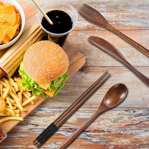 Wooden Utensil Flatware Set Reusable Utensils Travel Cutlery Set for Eating with Case, 10 Pcs Wooden Spoon and Fork Set Bamboo Flatware Set with Wooden Knife, Fork, Spoon, Chopsticks, Straws and Brush - Image 4