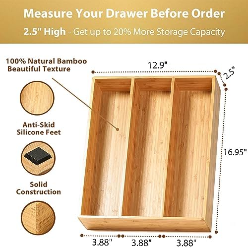 Umilife Bamboo Kitchen Utensils Organizer, 13 Inch Drawer Dividers for Silverware, Extra Deep Holder, with Non-Slip Feet, Wood Caddy for Flatware Cutlery - Image 2