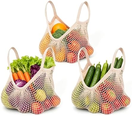 Ahyuan Reusable Cotton Mesh Grocery Bags Cotton String Bag Net Shopping Mesh Bags Pack of 3 (Beige) by Ahyuan
