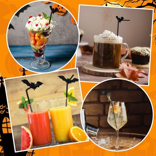 JANYUN 40 Pcs Black Halloween Straws Plastic with Glitter Bat Toppers - Image 6