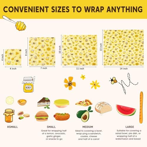 Reusable Beeswax Food Wraps, 9 Pack - Assorted Sizes (XS,S, M, L) | Organic Cotton, Eco Friendly, Plastic Free | Honeycomb Design - Image 2