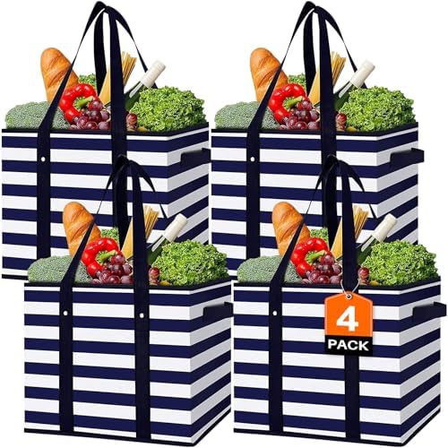 Reusable Grocery Bags 4 Pack, Foldable & Water Resistant Shopping Bags by WiseLife